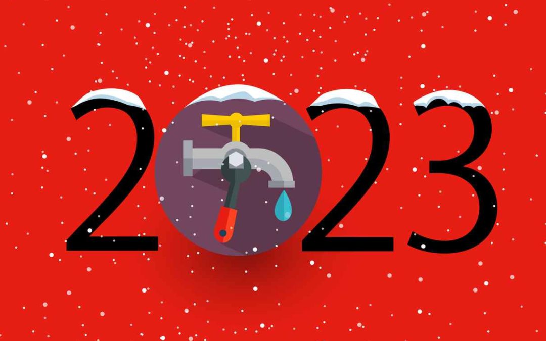A photo of the year 2023 on a red background with snow and plumbing icons